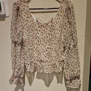 NewNTPromesa Cream and Red Ruffled Long Sleeve Blouse ptp 17.5" Length 19" NewNT